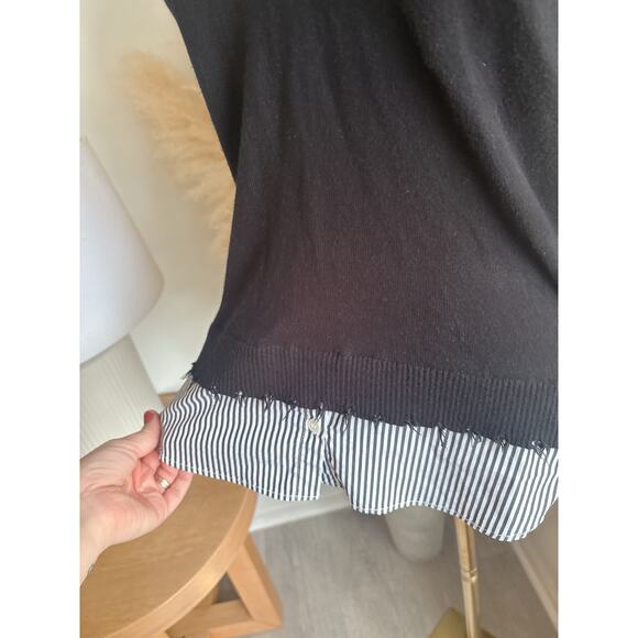 J. Society Womens XS Black V-Neck Cotton Sweater Stripe Collar Fray Hem Layered - Picture 4 of 9